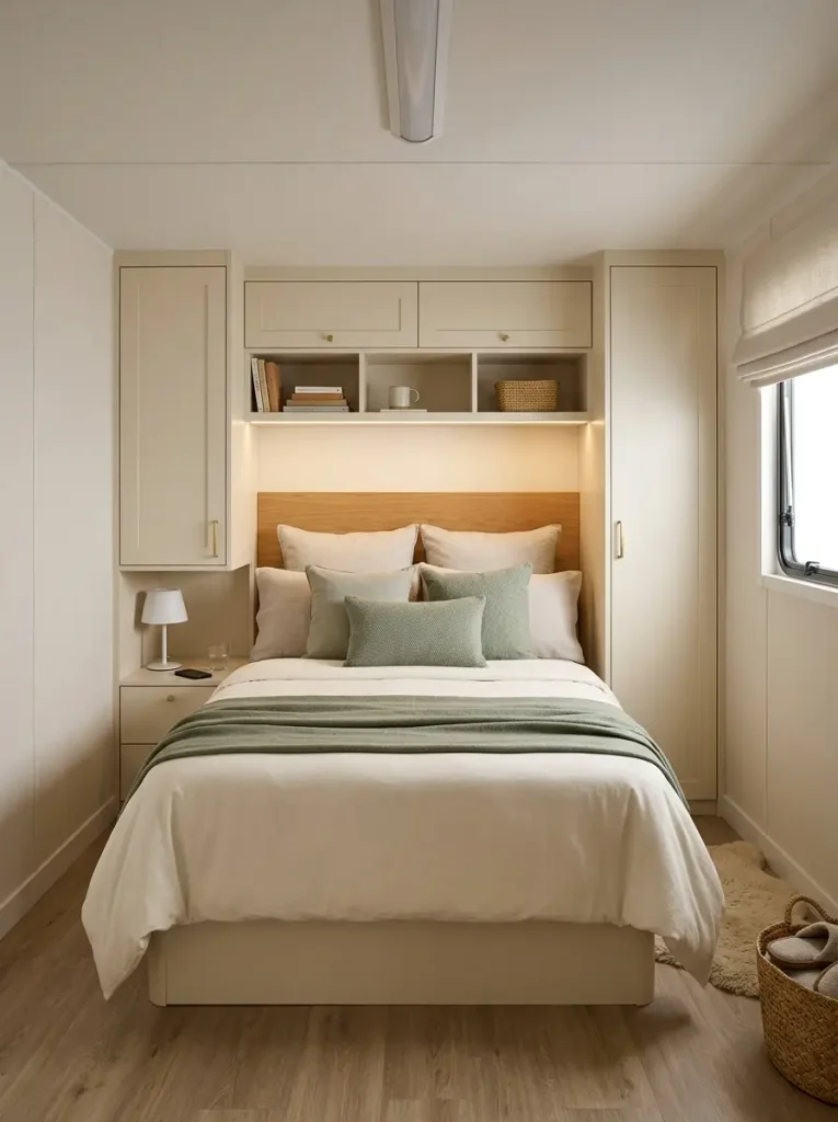 Shallow storage cabinets framing the bed wall in a compact mobile home bedroom while keeping the center visually open.