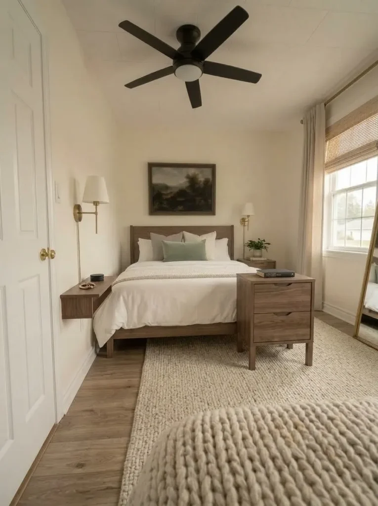 Mobile home bedroom with a narrow bedside shelf on the tight side and a wider drawer nightstand on the open side, balanced by matching height and finish.