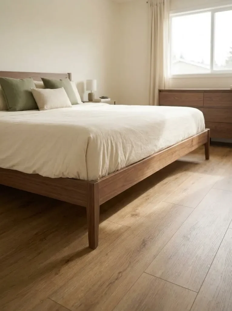 Low-angle view of a slim walnut bed frame in a compact mobile home bedroom, showing clear floor space around the mattress and walking path.