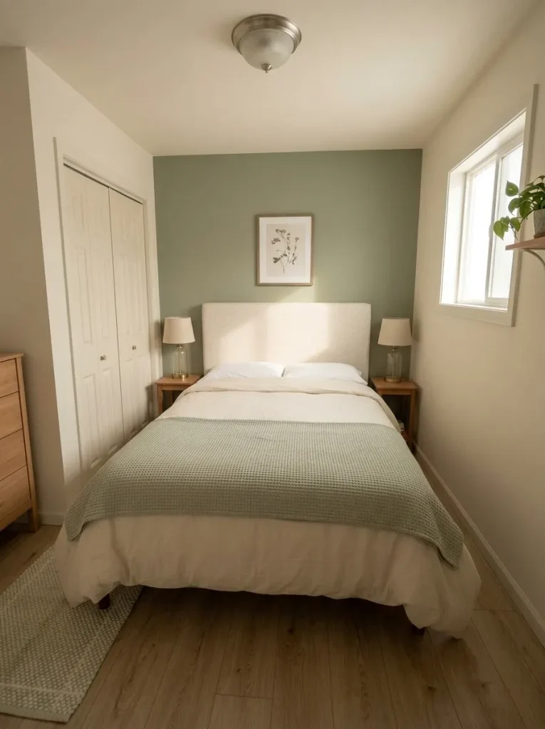 Focused bed-wall makeover gives a narrow mobile home bedroom a clear focal point while preserving circulation.