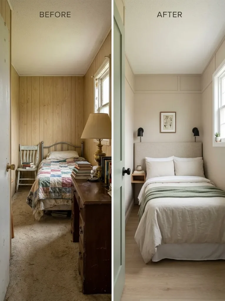 Mobile home bedroom before and after the bed wall is redesigned around a better-scaled headboard and compact bedside pieces.