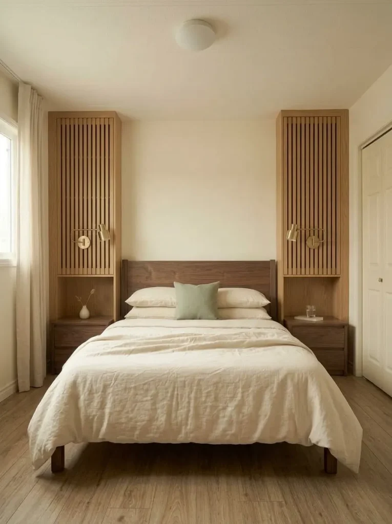Compact mobile home bedroom with slim storage cabinetry framing the bed while leaving the central headboard and circulation open.