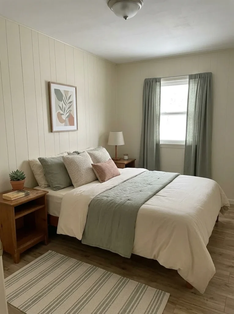Mobile home bedroom using cream, sage and dusty blue bedding to establish an affordable coordinated room palette.