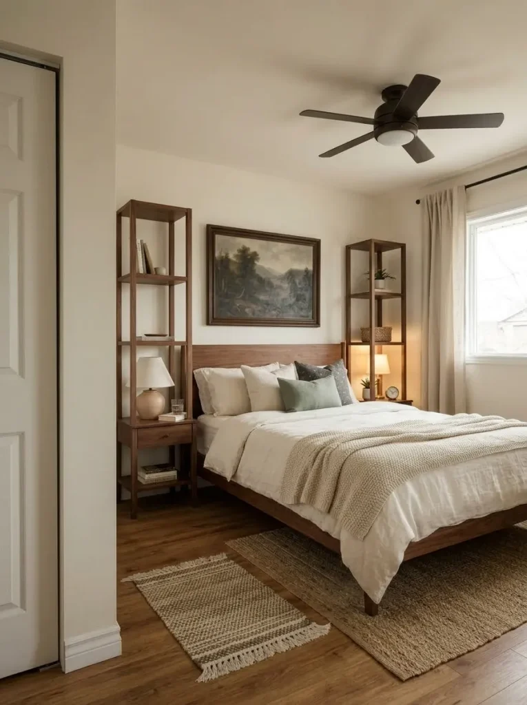Compact mobile home master bedroom with coordinated shallow bedside storage framing the bed while preserving open floor space.
