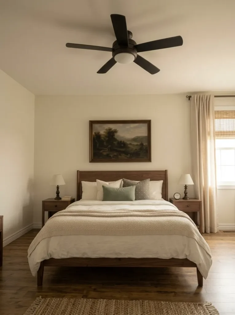 Low-angle view of a mobile home master bedroom where a dark ceiling fan supports a calm bed wall instead of dominating the room.