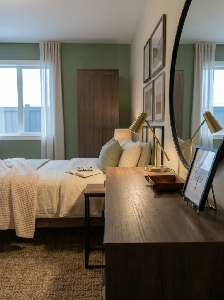 Partly clear dresser surface creating visual breathing room in a layered mobile home bedroom.