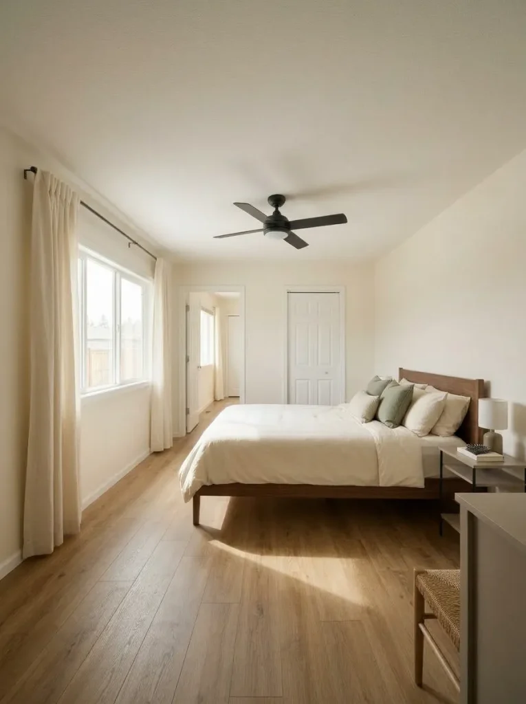 Mobile home bedroom photographed from the opposite corner, showing the bed centered on the clearest usable wall instead of the longest wall.