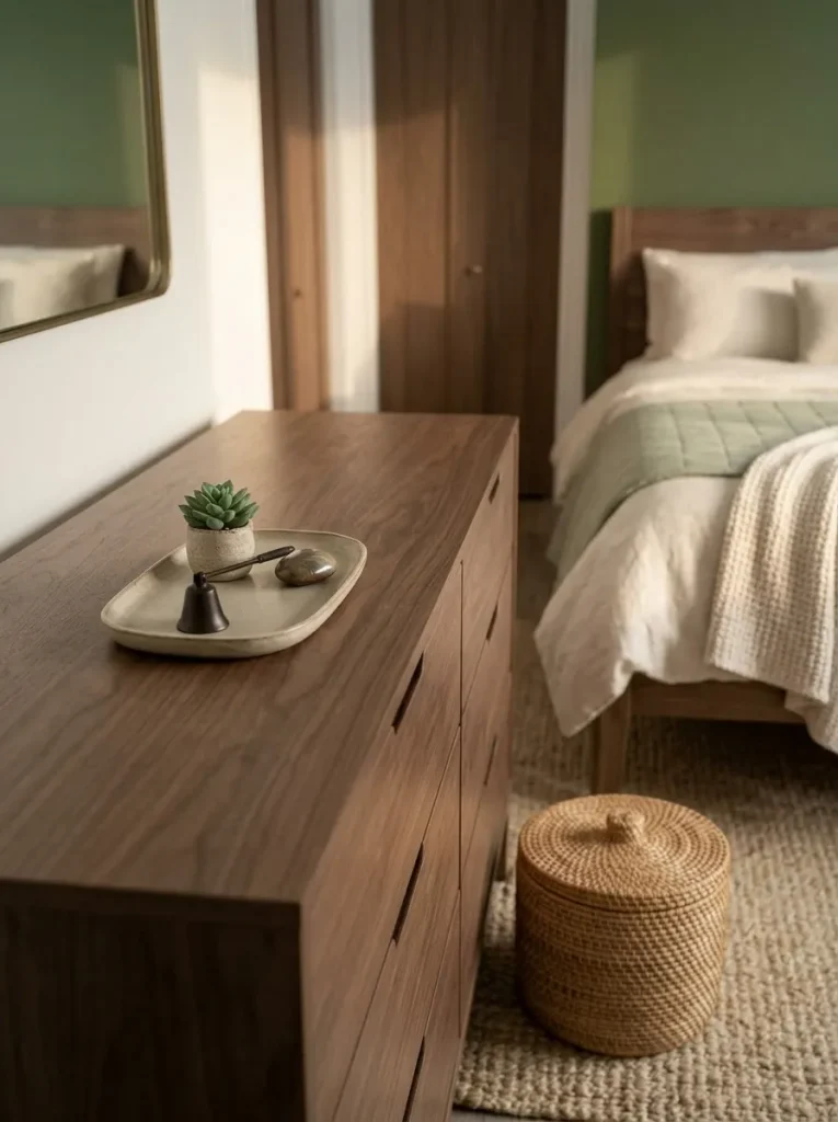Calm mobile home bedroom dresser with small items contained in drawers and baskets while the bed remains visible in the background.