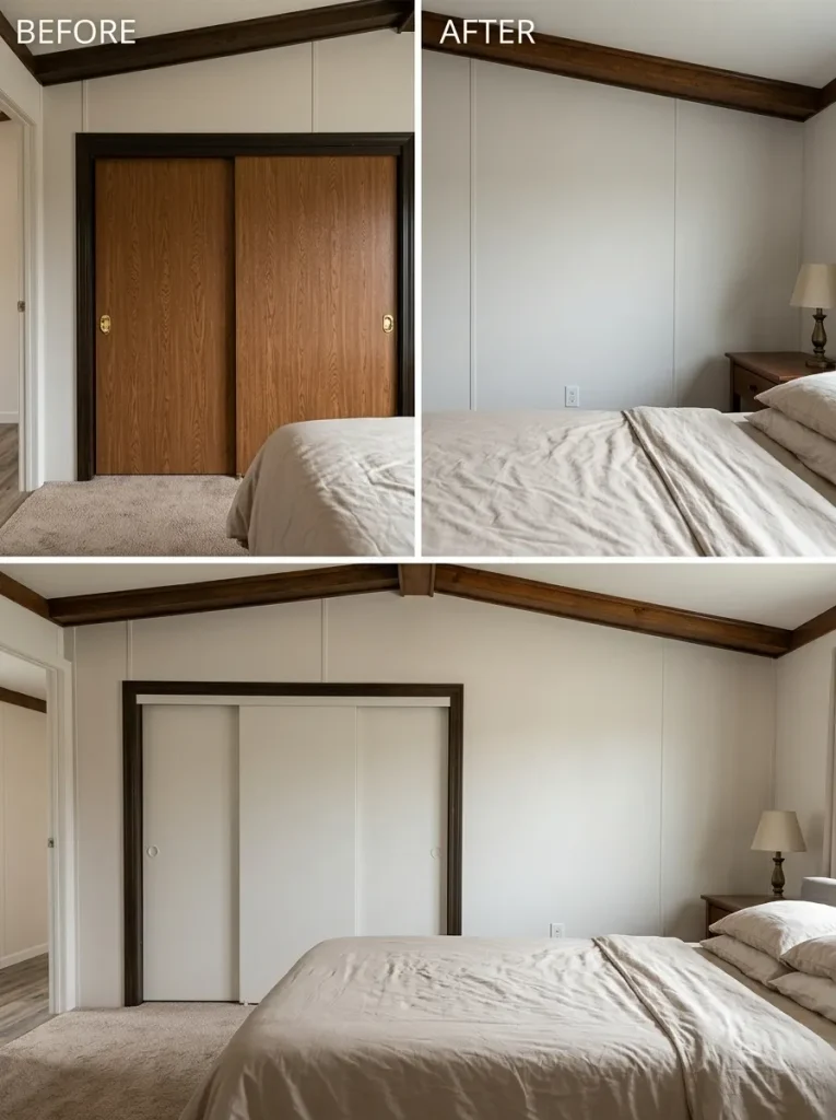Compact mobile home bedroom before and after large closet doors are visually integrated with the wall so the bed becomes the main focal point.