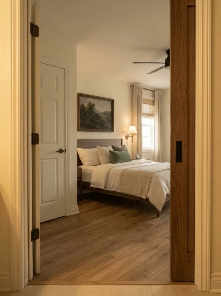 Reverse view from the ensuite into a mobile home primary bedroom with coordinated closet and bedroom doors, matching hardware, and clear circulation.