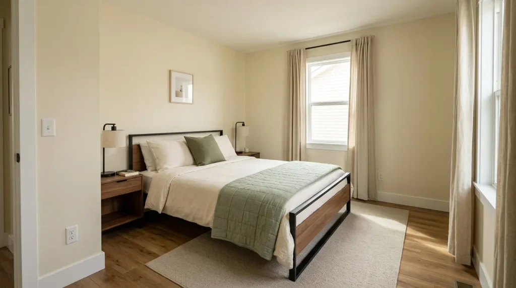 Calm mobile home bedroom with warm ivory walls, sage bedding, walnut accents, and light neutral finishes creating a spacious look.