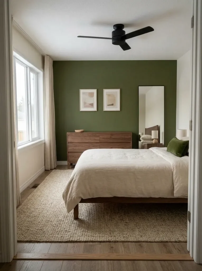 Mobile home bedroom with one deep olive headboard wall surrounded by lighter neutral walls and restrained matching accents.