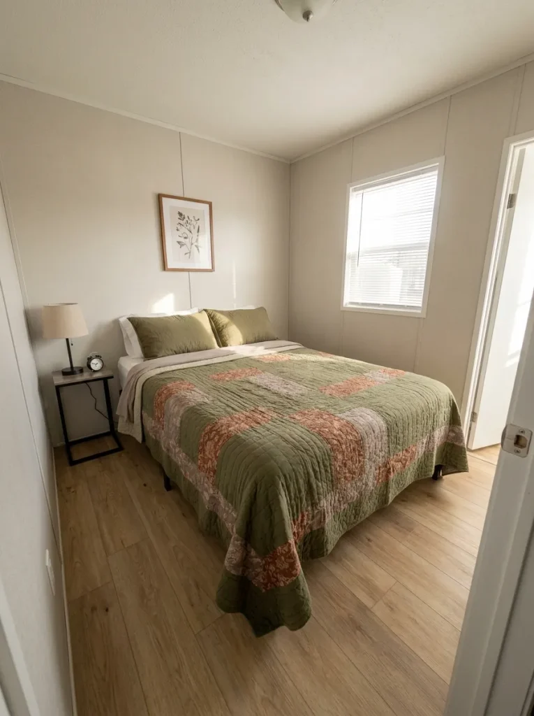 Compact mobile home bedroom refreshed mainly through one dominant quilt with simple supporting décor.