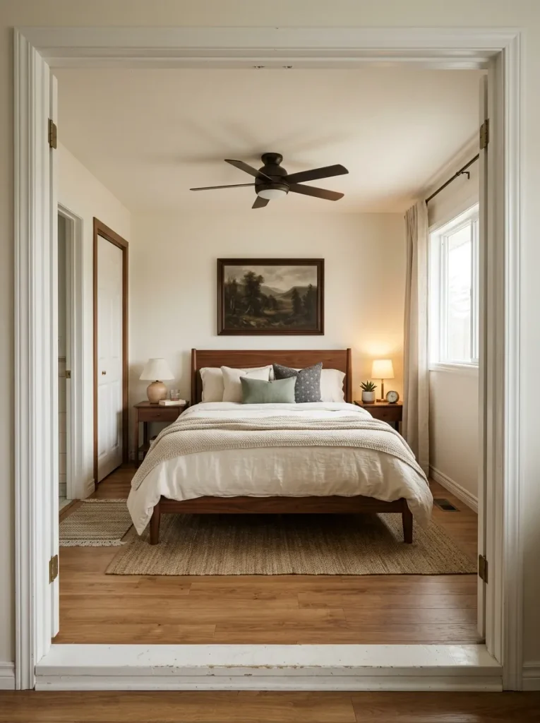 Mobile home primary bedroom viewed from the doorway with a centered walnut bed, calm bedding, clear walkway, and one strong focal wall.