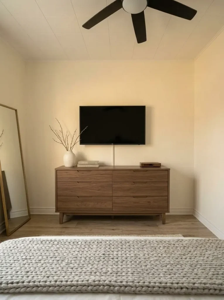 View from the bed toward a mobile home bedroom dresser and TV aligned as one clean composition with minimal surface styling.