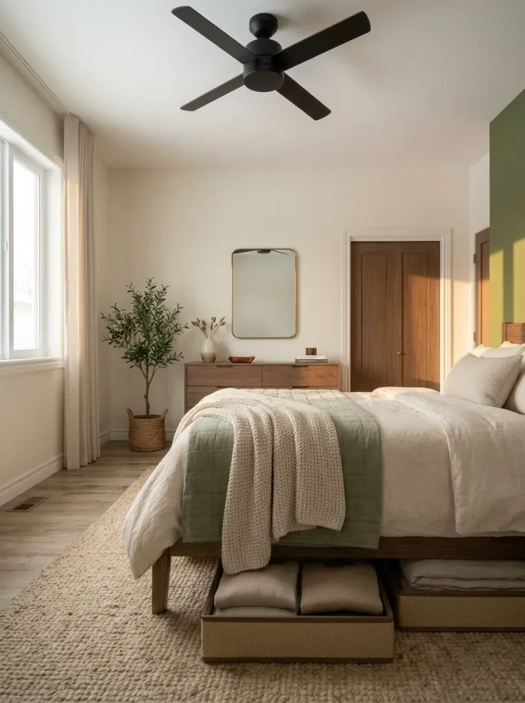 View from the foot of a mobile home bedroom bed toward a restrained walnut dresser wall designed as a secondary focal zone.