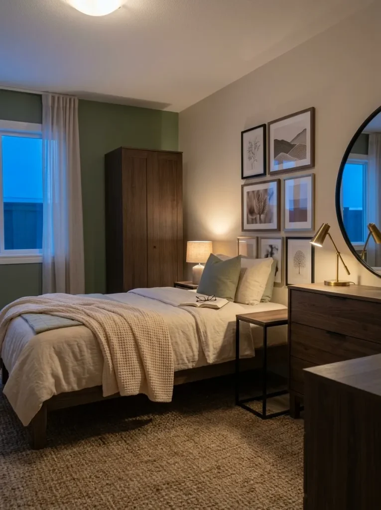 Blue-hour mobile home bedroom combining ambient, bedside task, and accent lighting for a warm layered evening atmosphere.