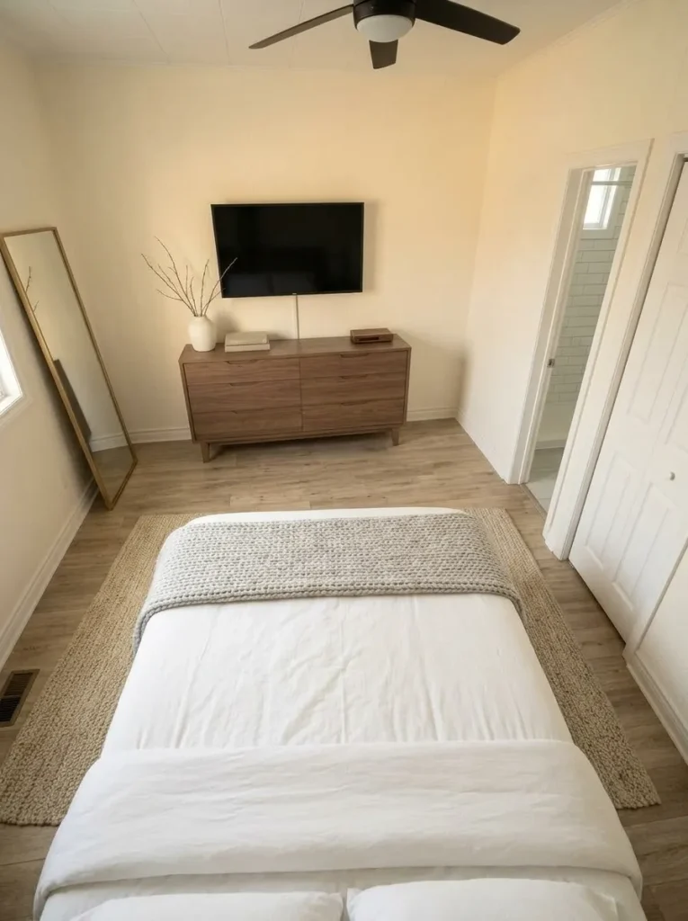 Elevated view of a compact mobile home primary bedroom with the foot of the bed left open for clear movement between the dresser, closet, and doorway.