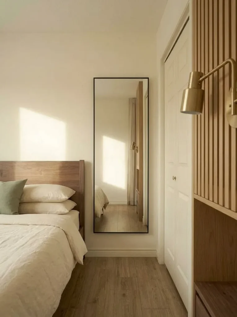 Full-length mirror placed beside the closet in a compact mobile home bedroom, reflecting the bed and natural window light.