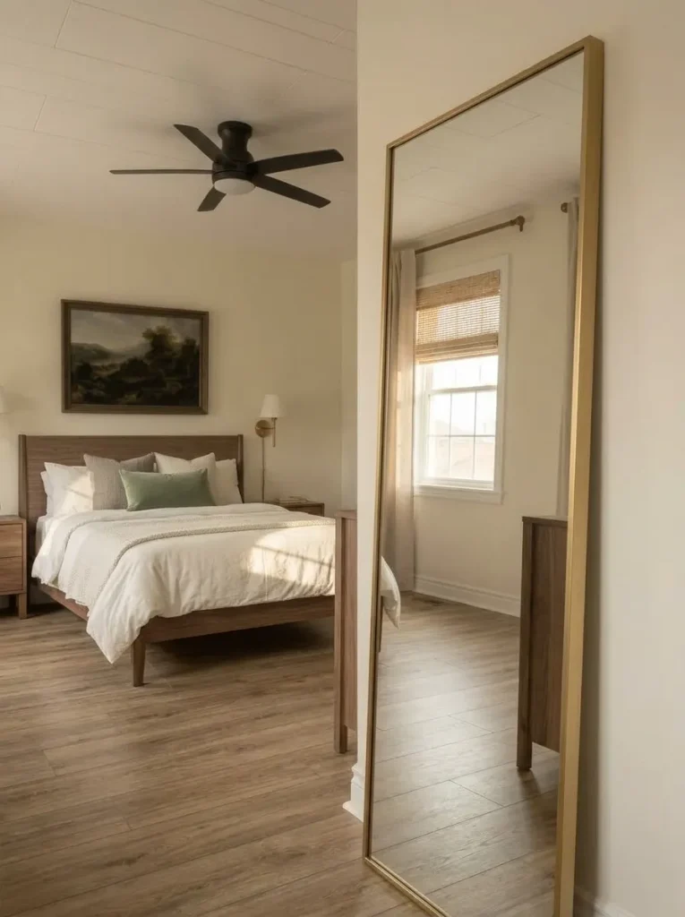 Full-length mirror in a mobile home bedroom positioned to reflect the made bed and natural window light instead of clutter.