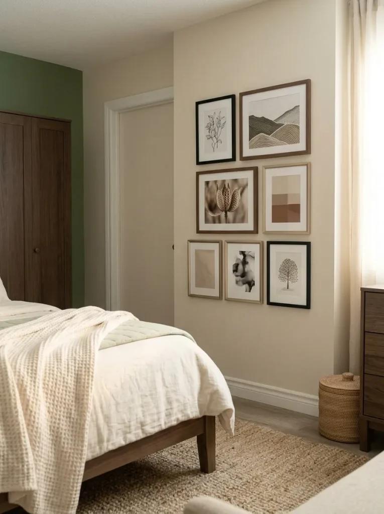 Concentrated gallery wall in a compact mobile home bedroom with surrounding walls kept visually quiet.