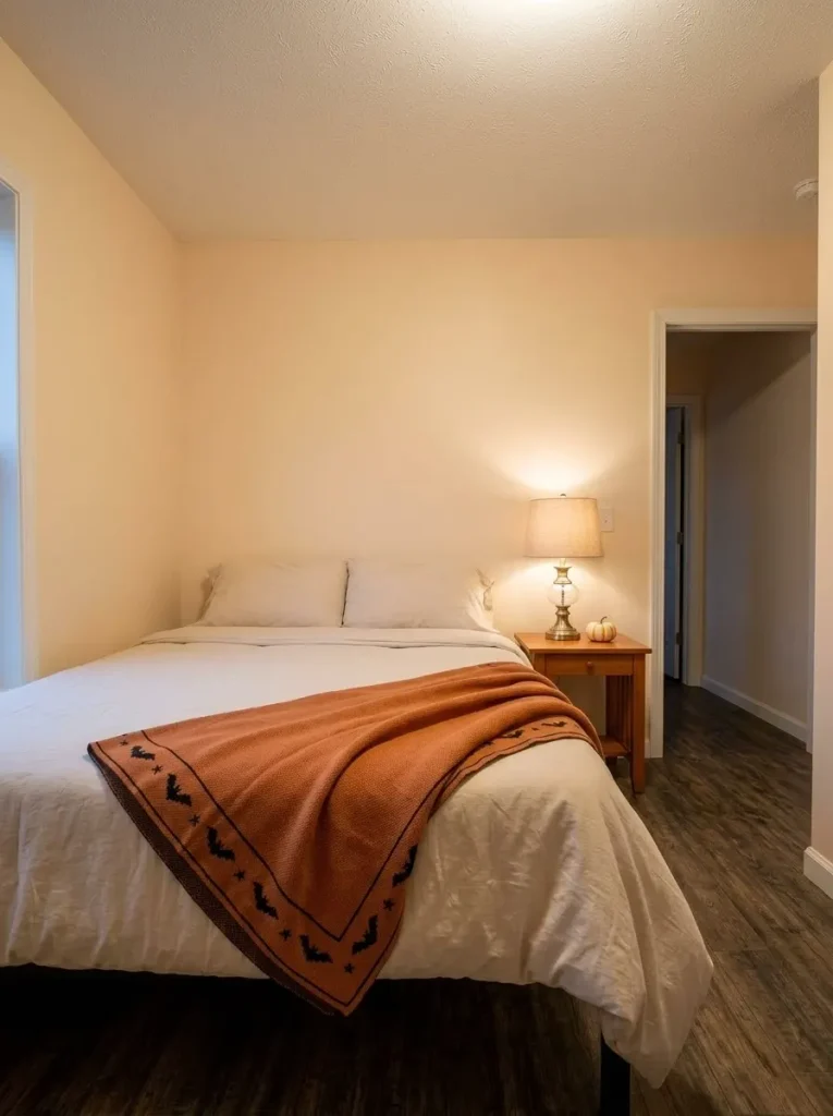 Neutral mobile home bedroom made seasonal with one pumpkin-orange Halloween throw across the bed.