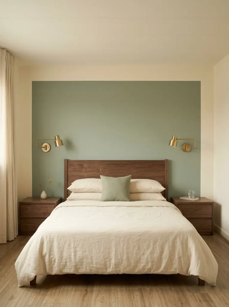 Straight-on view of a mobile home bedroom with one strong sage and walnut headboard focal wall and restrained surrounding decor.