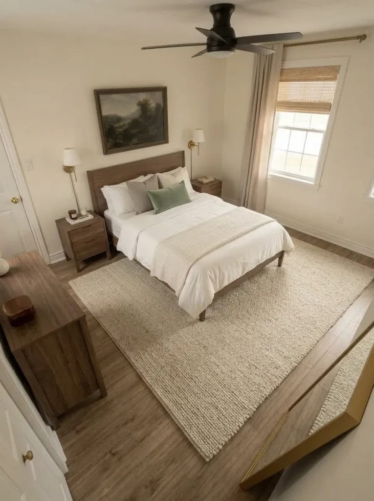Elevated view of a mobile home primary bedroom with one large neutral rug unifying the bed while leaving a clear oak-floor perimeter.