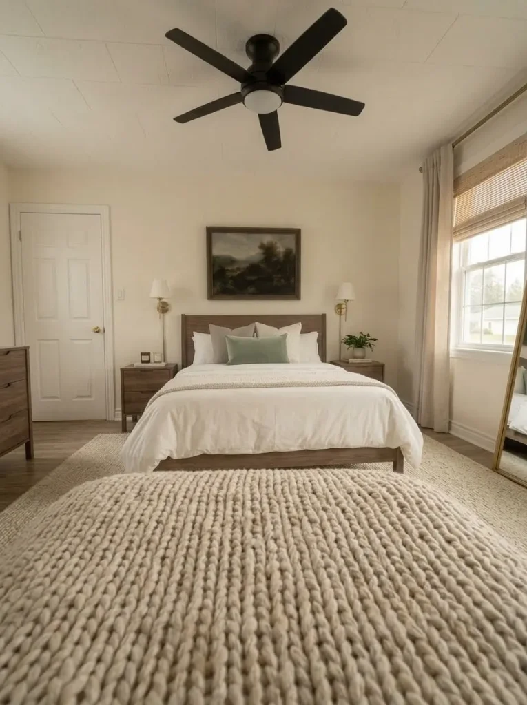 Mobile home master bedroom with simple ivory bedding, one sage lumbar pillow, and a textured oatmeal throw instead of excessive decorative layers.