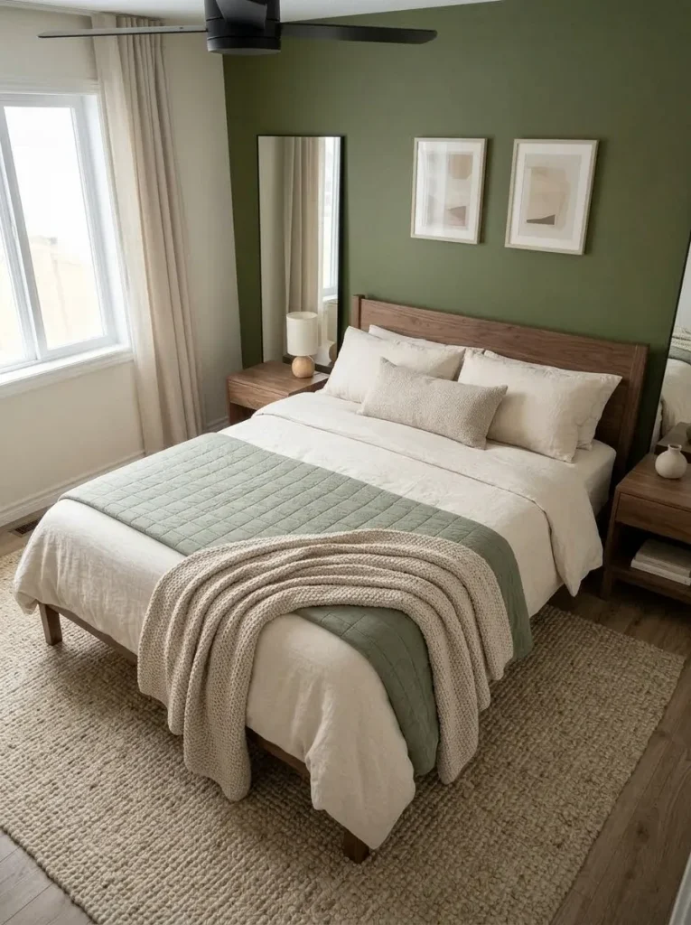 Elevated view of a layered mobile home bedroom bed with cream bedding, sage quilt, textured throw, and a restrained pillow arrangement.