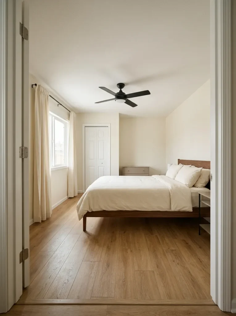 Compact mobile home bedroom viewed from the doorway, showing the bed positioned around the window, closet door, and clear walking path.