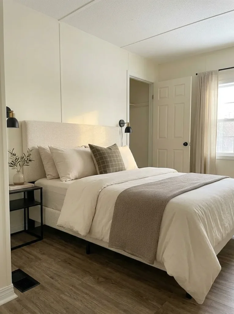 Mobile home bedroom with layered cream, taupe and olive bedding creating a calm luxurious focal point on a budget.
