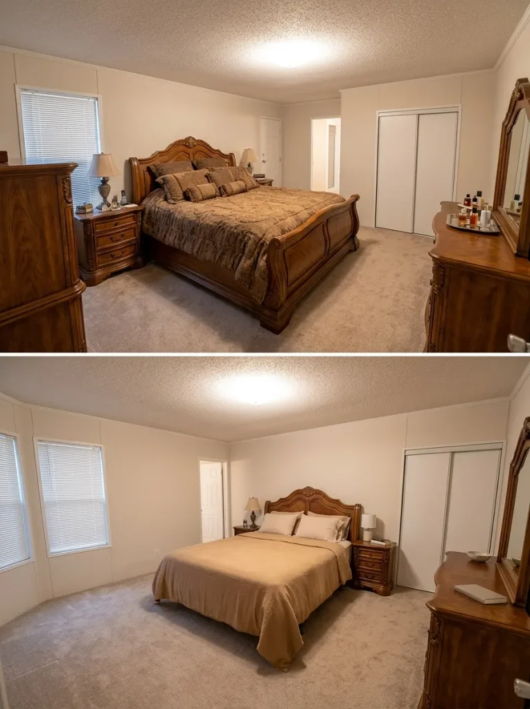 Small mobile home bedroom before and after a heavy matching furniture set is edited so the bed becomes the clear room anchor.
