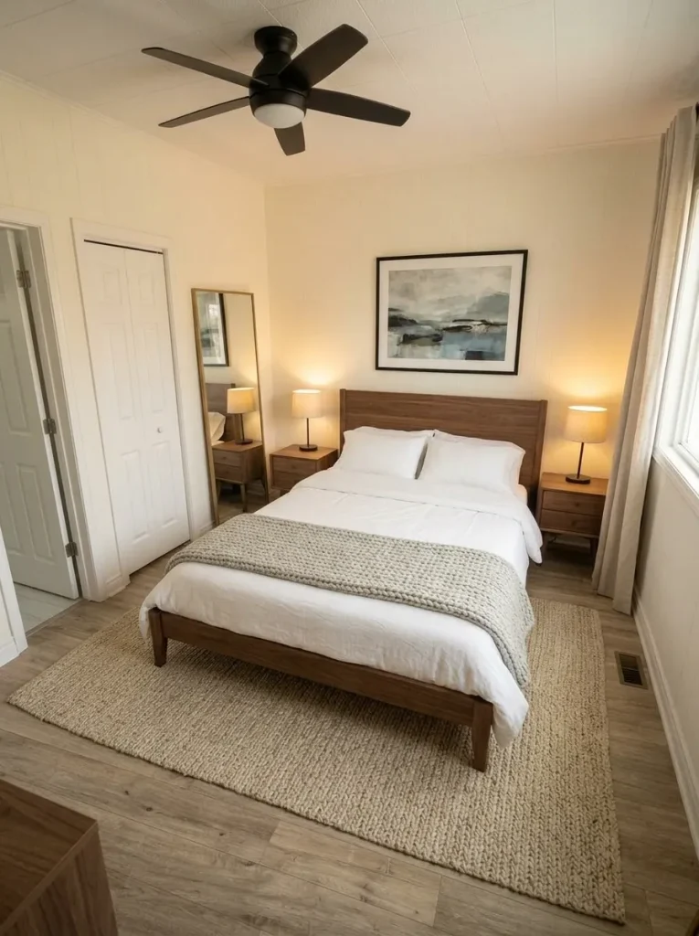Finished mobile home primary bedroom with intentional open wall, floor, and dresser space surrounding a calm walnut-and-ivory design.