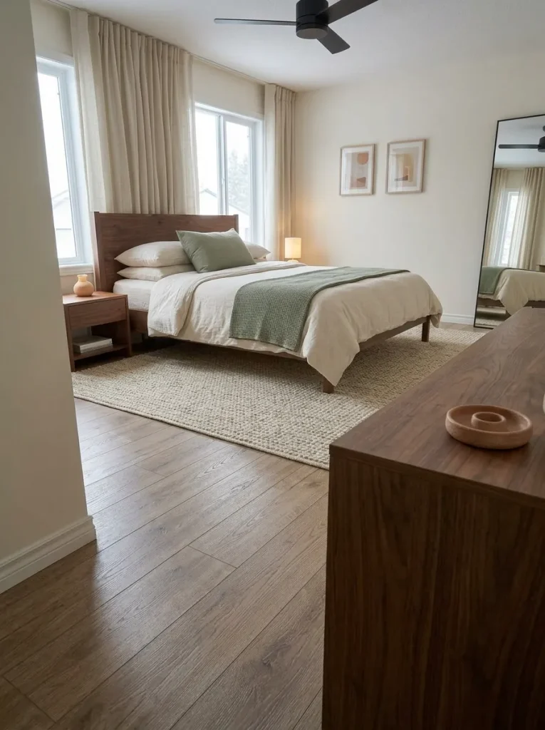 Mobile home bedroom palette combining oak-look flooring, white trim, walnut furniture, cream bedding, and muted sage accents.