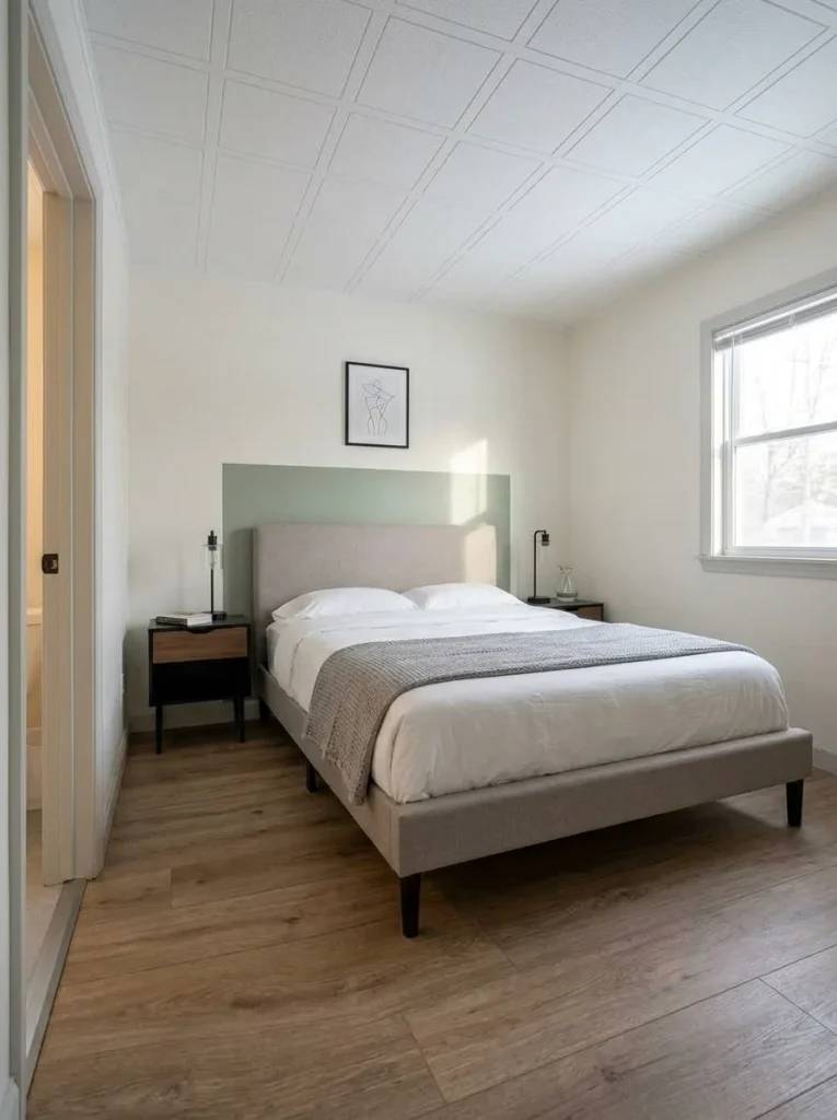 Painted focal panel behind the bed adds depth without clutter in a small mobile home bedroom.