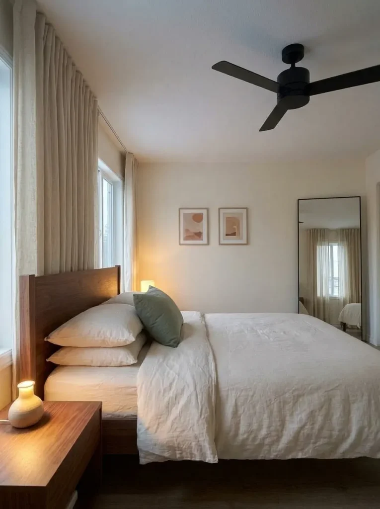 Seated view across a mobile home bedroom with a quiet white ceiling and warmer decorative layers concentrated around the bed and furniture.