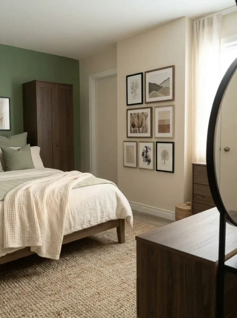 Round mirror softening the rectangular furniture and doors in a compact mobile home bedroom.