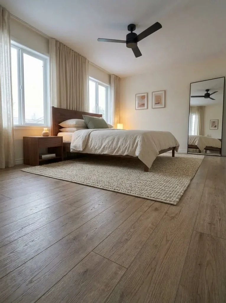 Floor-level view of one large rug anchoring the bed in a compact mobile home bedroom while leaving visible flooring around it.