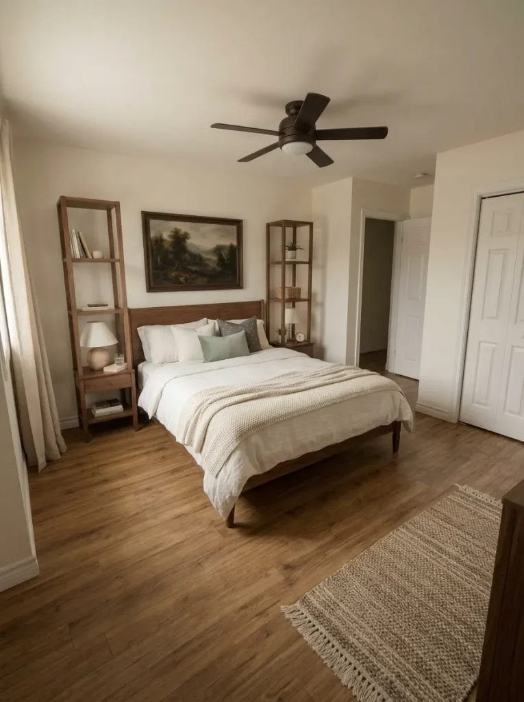 Mobile home bedroom with a slim walnut bed frame and exposed floor showing how a lighter frame makes the same mattress feel less bulky.