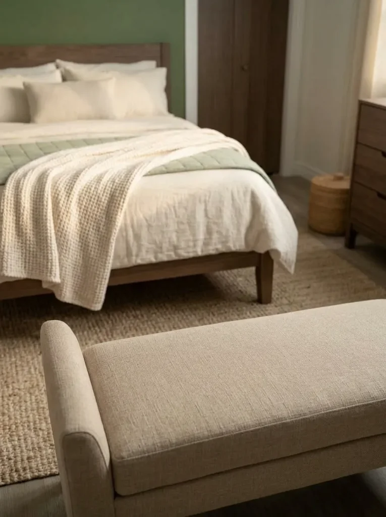 Compact bench positioned beside the bed in a mobile home bedroom while preserving an open walking route.