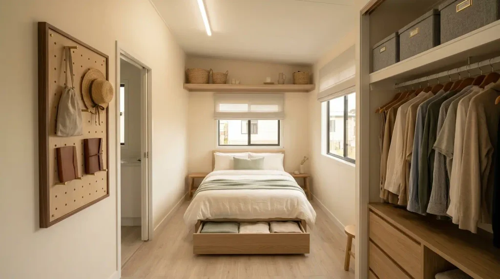 Compact mobile home bedroom with under-bed drawers, vertical storage and a clear walking route around the bed.
