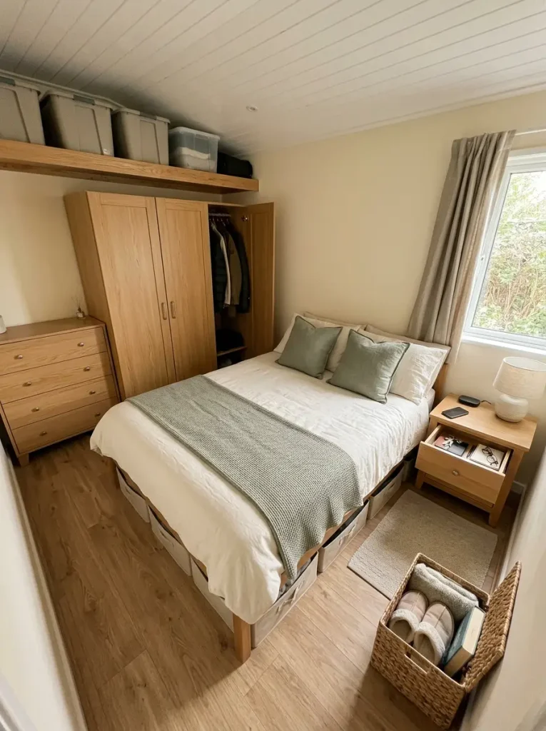 Mobile home bedroom organized with daily storage near the bed and less-used items under the bed and on a high shelf.