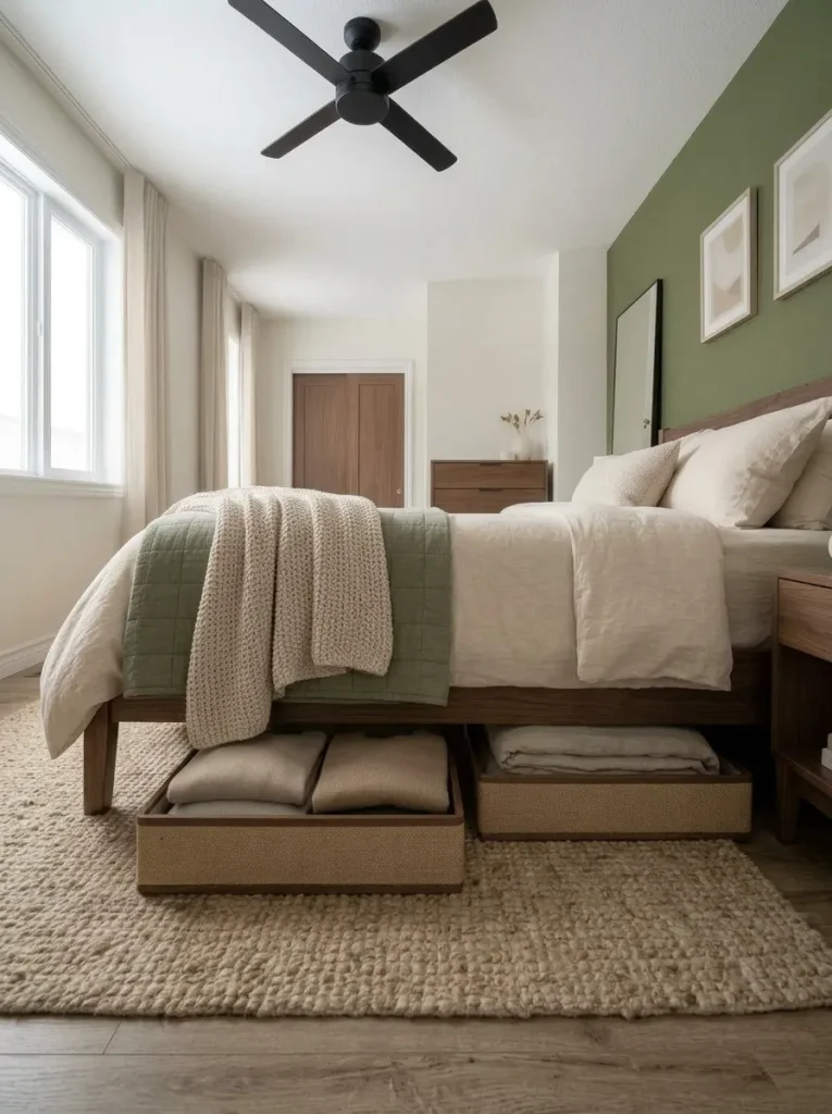 Low side view of discreet storage containers under a walnut bed in a compact mobile home bedroom.