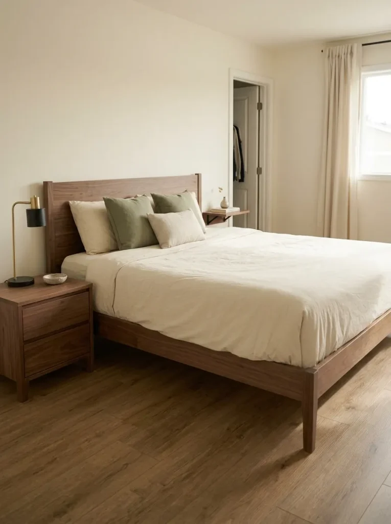 Mobile home bedroom with a full nightstand on one side of the bed and a slimmer bedside surface beside the tighter closet area.