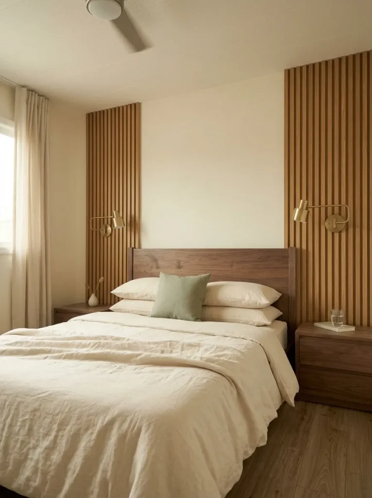 Low-angle mobile home bedroom view showing narrow vertical wood slats beside the headboard drawing attention upward.