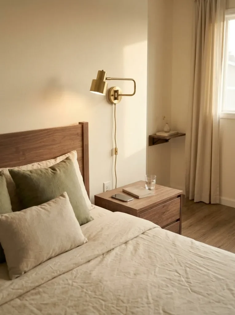 Small mobile home bedroom nightstand kept clear by a wall-mounted bedside reading light above the bed.