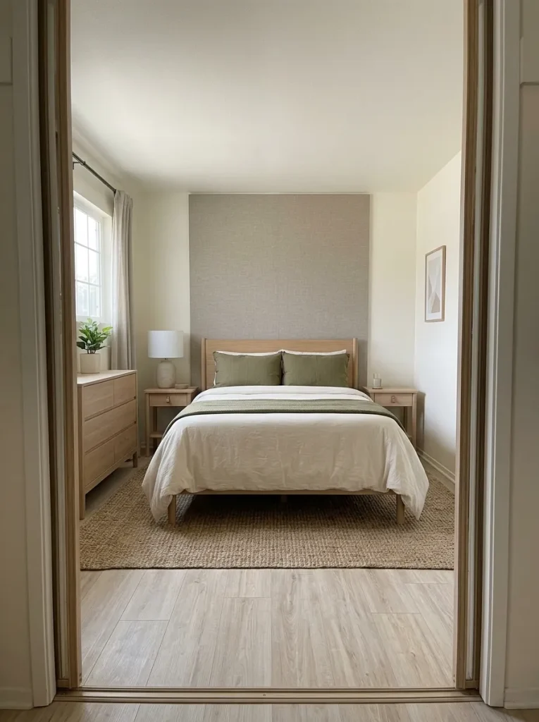 Compact mobile-home bedroom with one removable wall panel behind the bed creating a calm focal point.