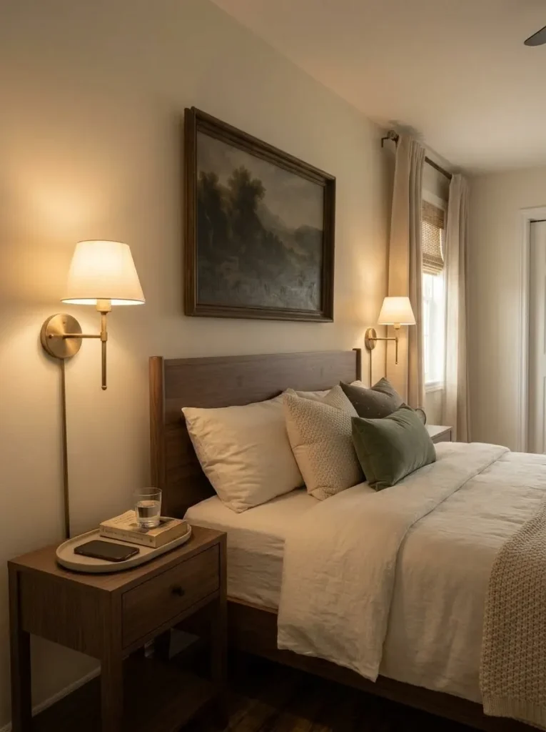 Mobile home primary bedroom with a wall-mounted bedside light freeing a narrow nightstand for a book, phone, and water.