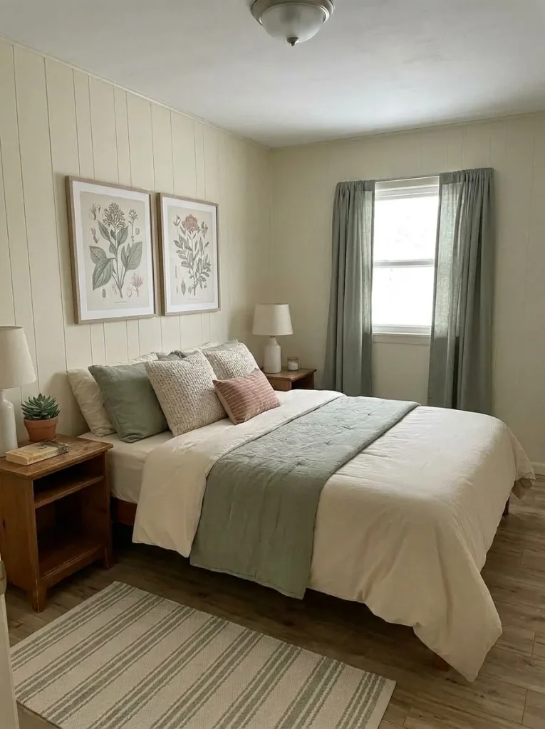 Mobile home bedroom bed wall finished inexpensively with proportionate framed art instead of a costly headboard.